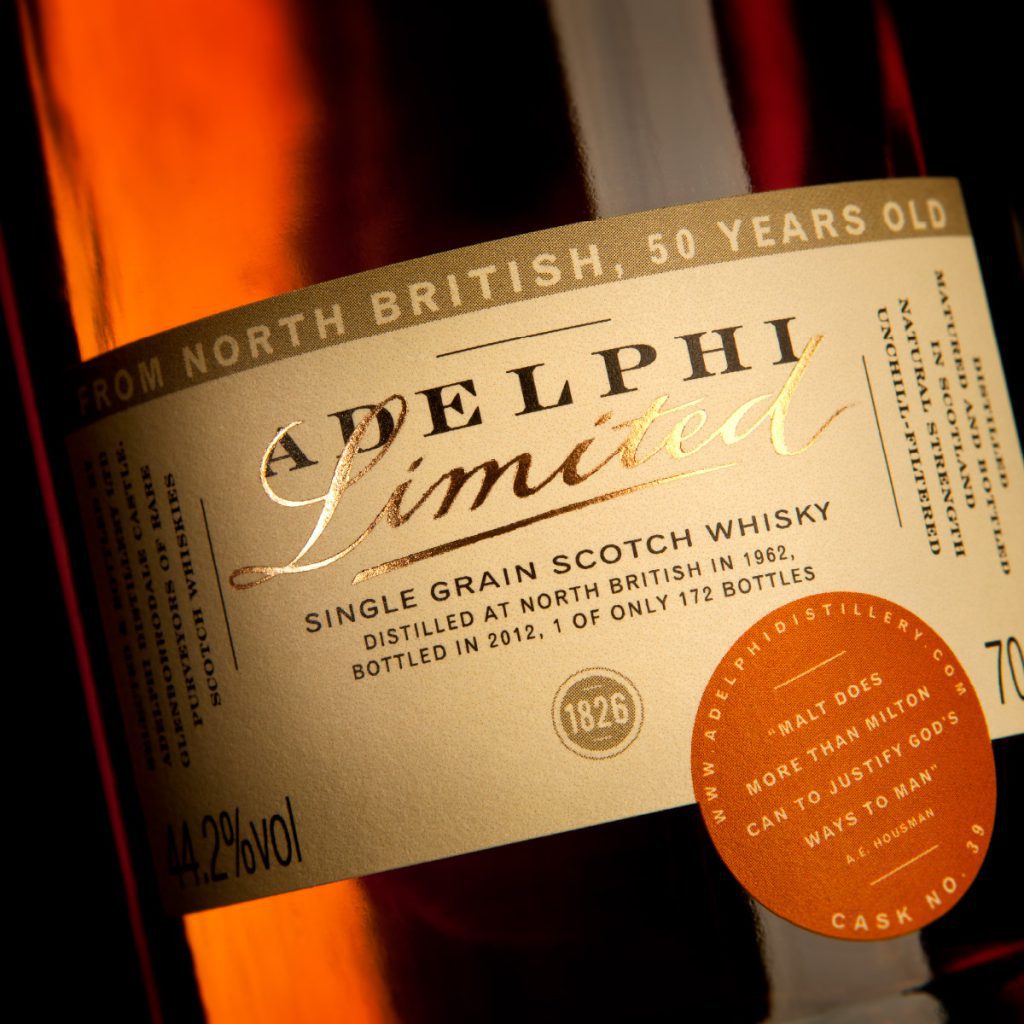 A bottle of Adelphi single grain Scotch whisky, bottled from a 50-year-old cask