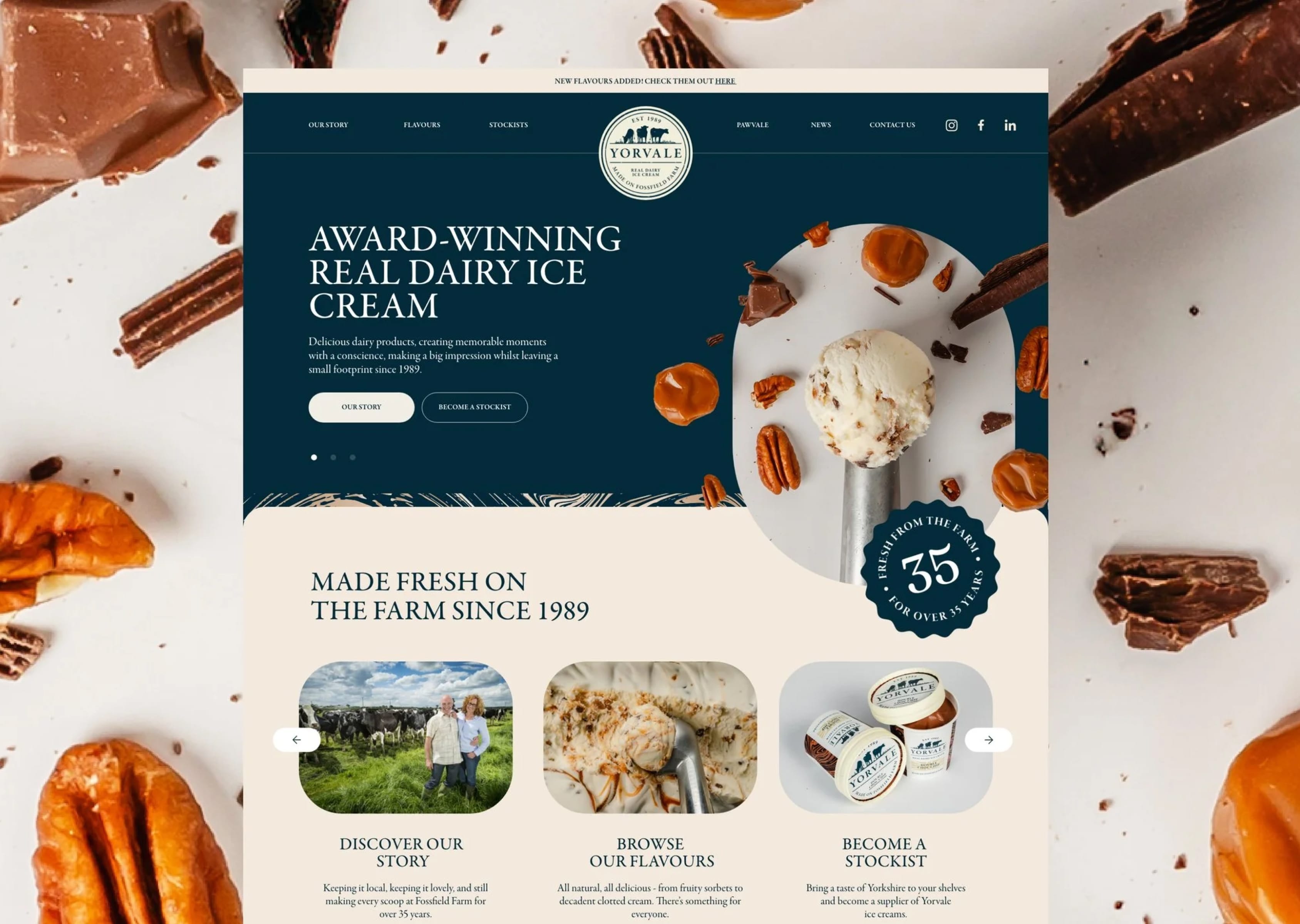 The new Yorvale website homepage among chocolate, pecans and caramel