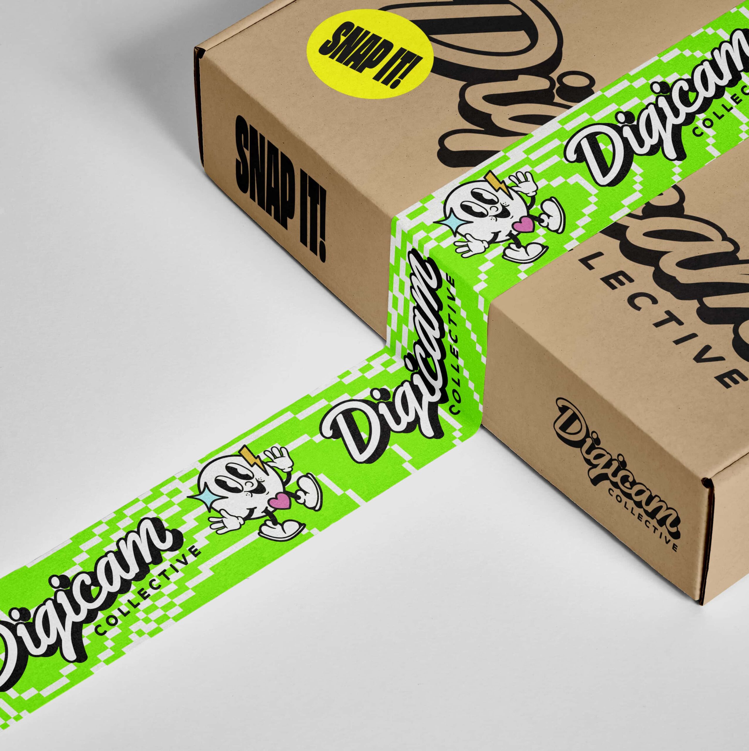 Digicam Collective packaging: a kraft mailer box with Snap it! stickers and lime pixel-check branded tape