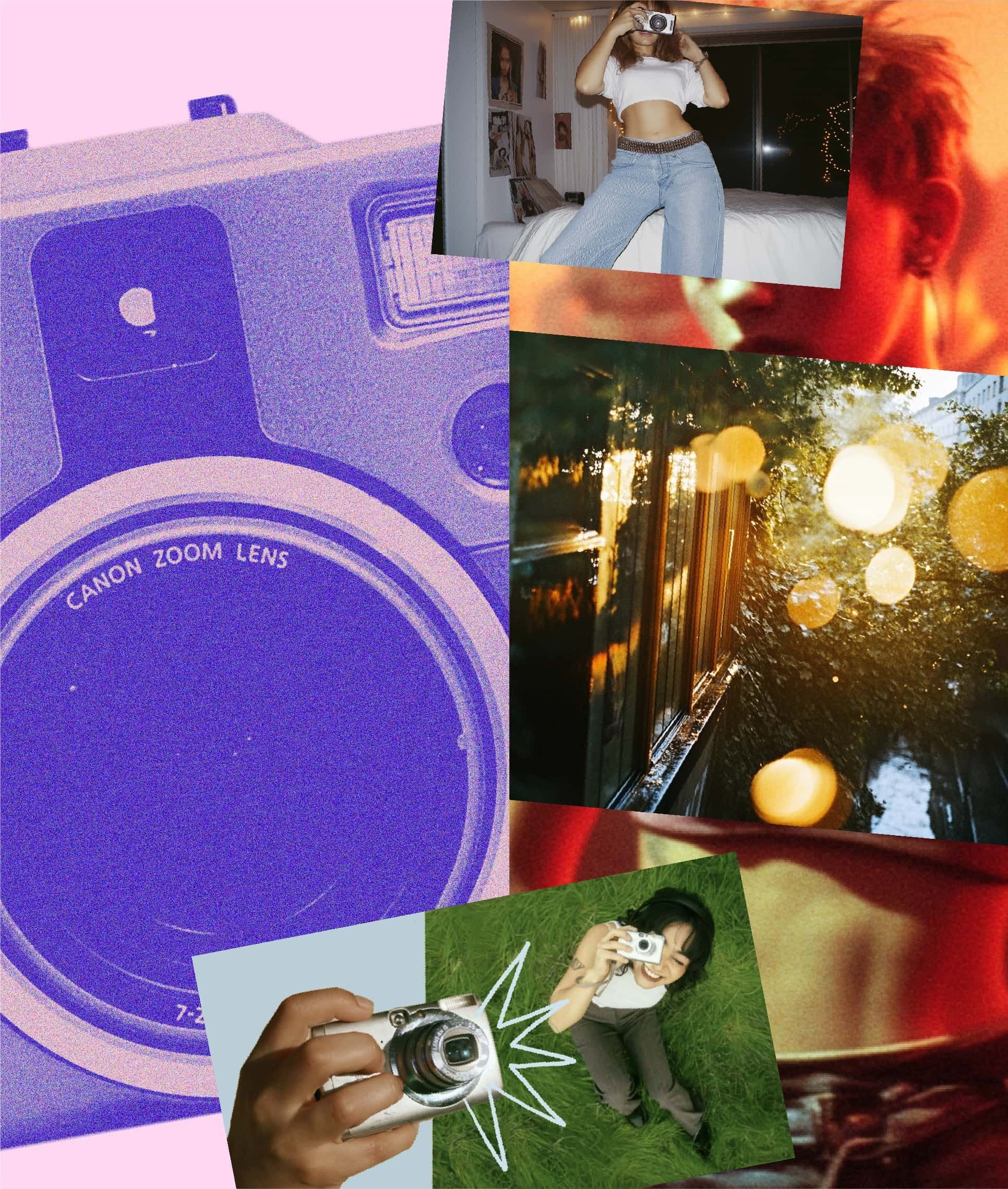 Collage of photography from the Digicam Collective brand: a camera lens close-up, a woman shooting on a digicam and a sunset viewfinder