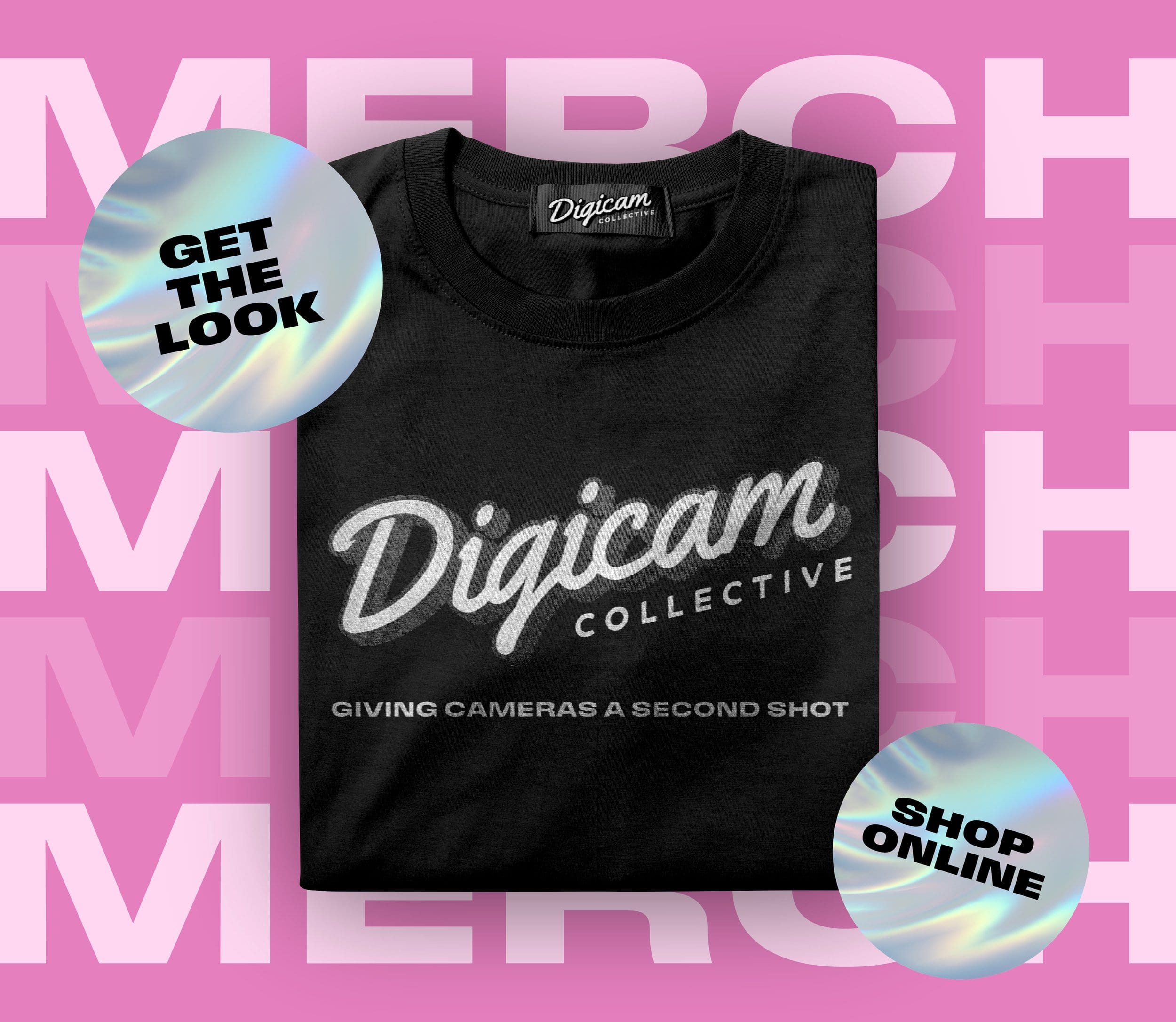 Digicam Collective merch: black T-shirt with Dream and Collective graphics on a pink background