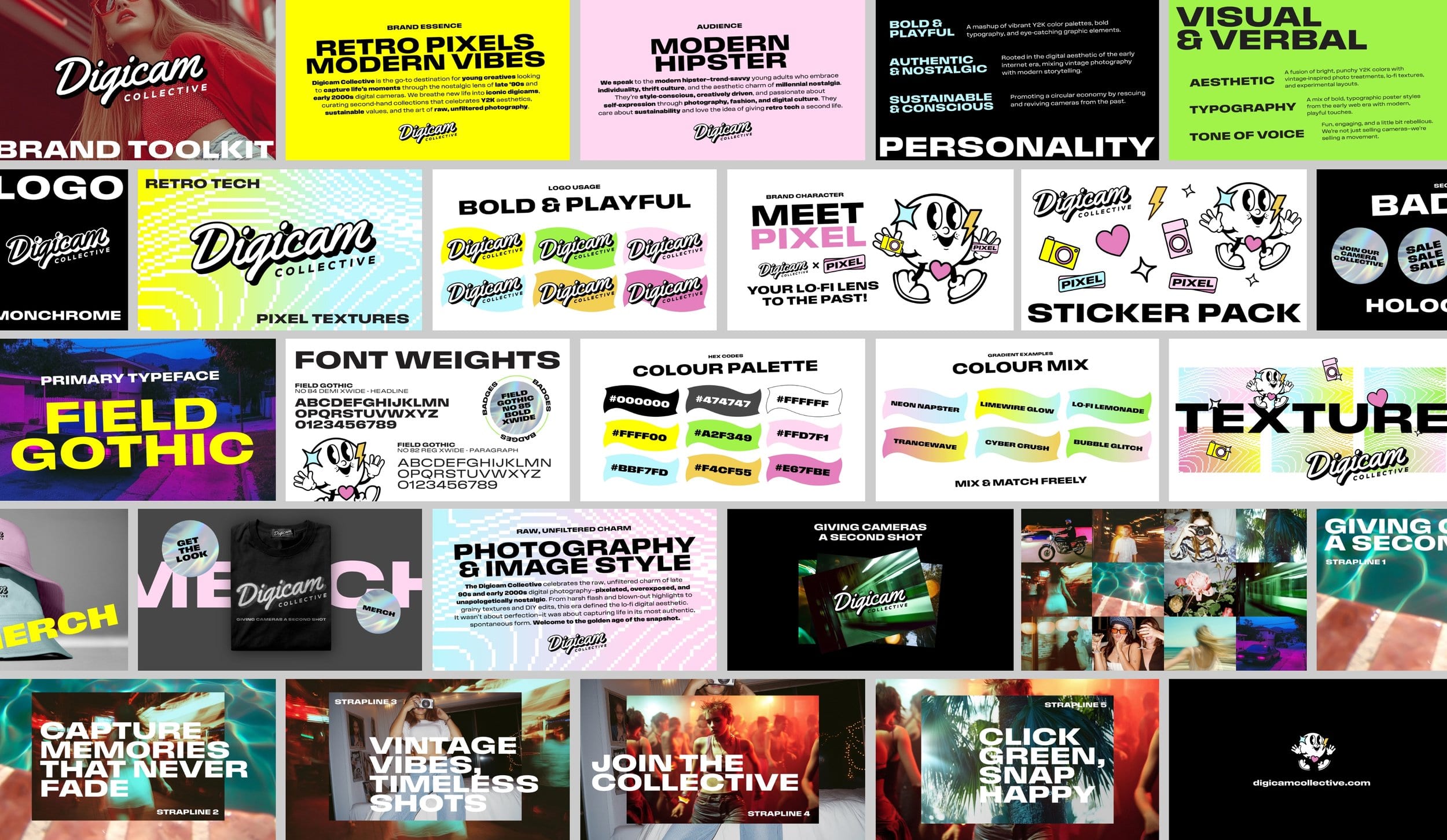 The Digicam Collective brand toolkit: logos, style guides and product graphics in a collage