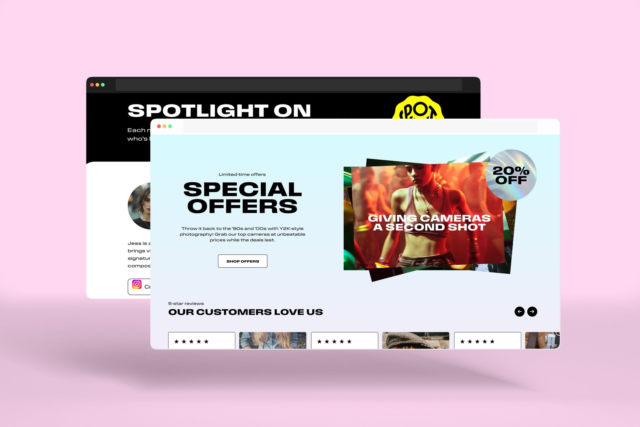Overlapping browser windows showing Digicam Collective promotional screens