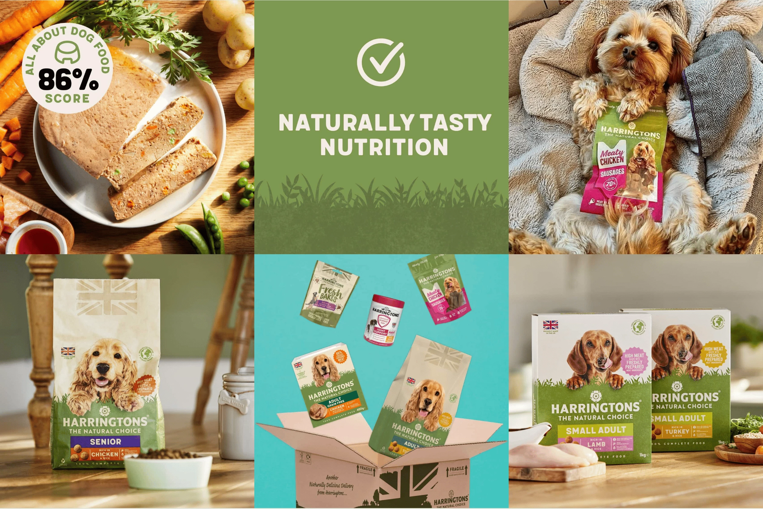 A six-panel grid of Harringtons products: wet food with fresh vegetables, the Naturally Tasty Nutrition mark, a terrier with a Meaty Chicken Sausages pack, the Senior range, a delivery box and the Small Adult boxes