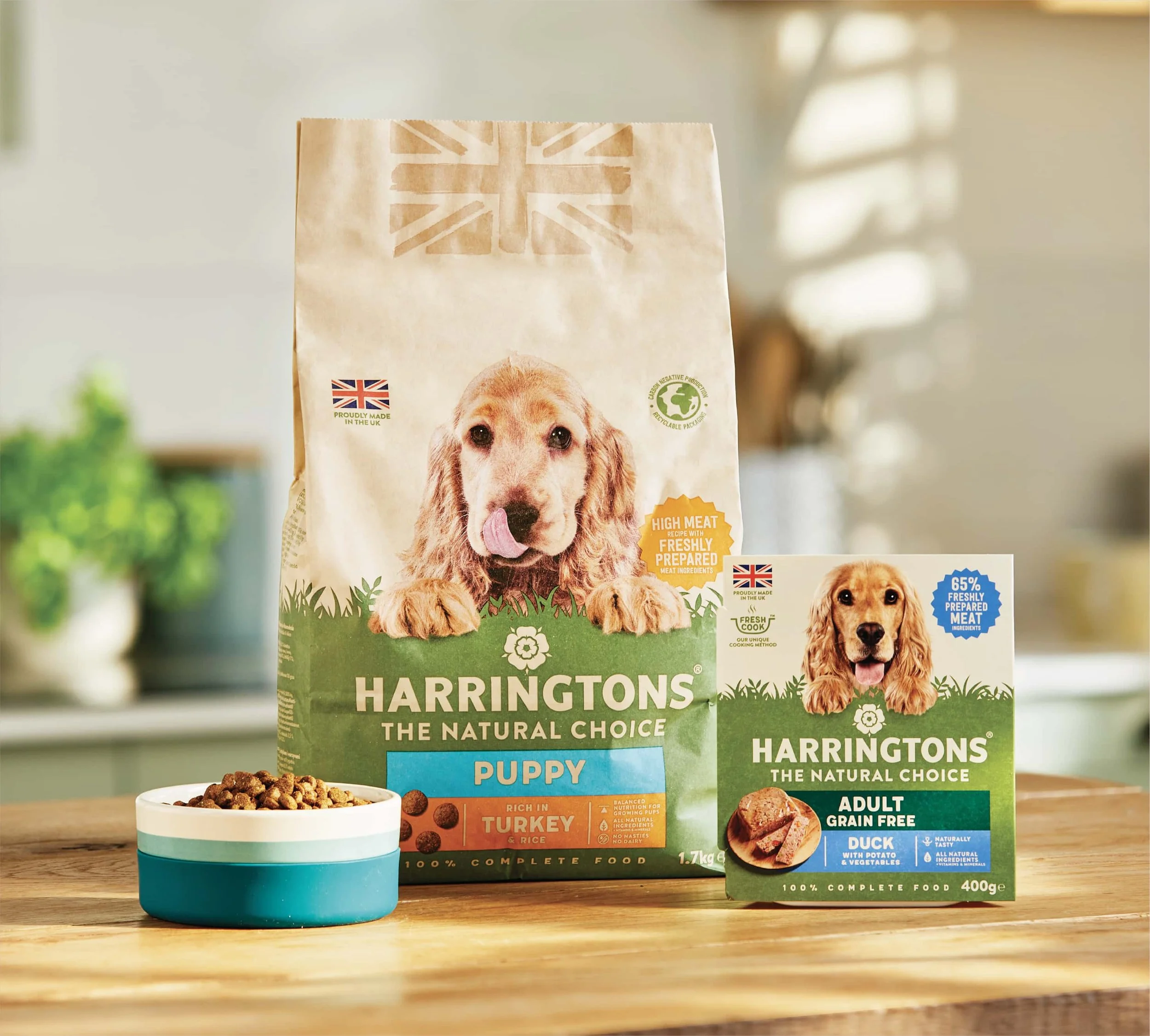 A puppy alongside Harringtons natural pet food packaging