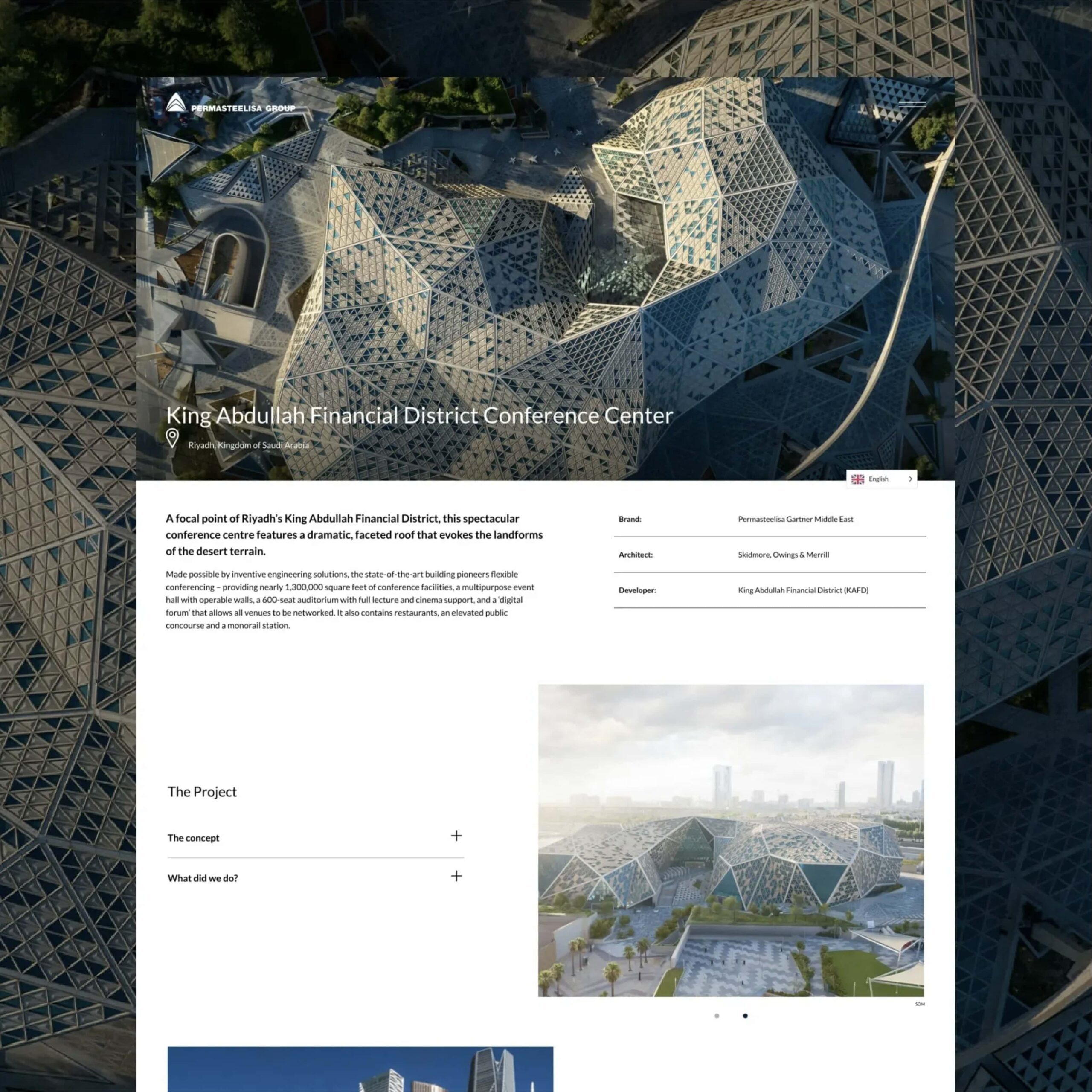 The King Abdullah Financial District Conference Center project page from the Permasteelisa Group website
